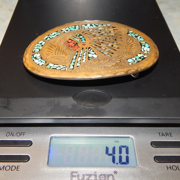 Artisan Crafted Turquoise & Coral Chip Inlay Native Chief Belt Buckle - Picture 9 of 9